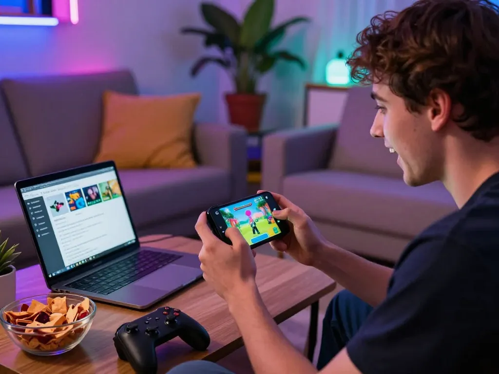 Engaged gamer playing free mobile porn games on a smartphone in a cozy living room.