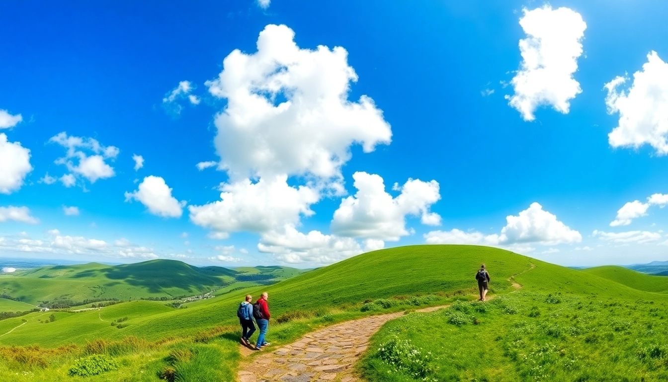 Genießen Sie eine Wanderreise Irland mit einer Gruppe von Wanderern in der grünen Landschaft.