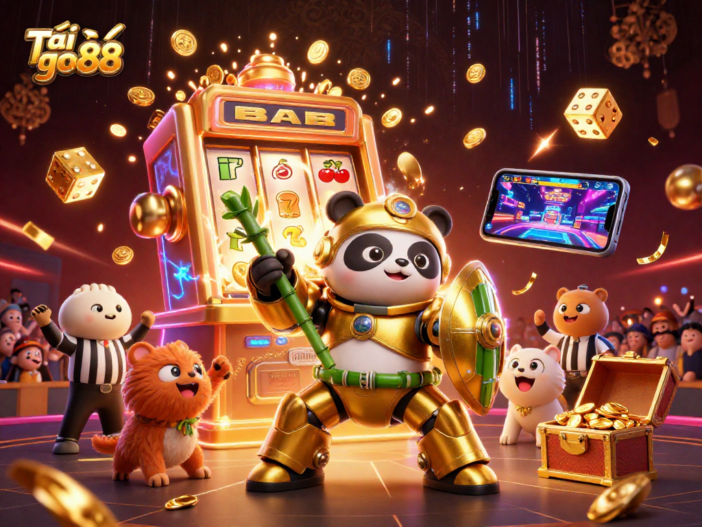 Engage with Tải go88's vibrant 3D casino experience featuring colorful slots, robots, and festive elements.