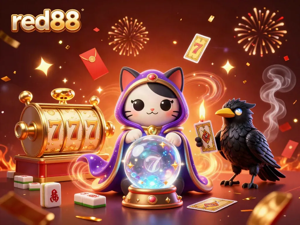 Play captivating slots with red88 featuring a mystical cat, glowing raven, and vibrant gold elements.