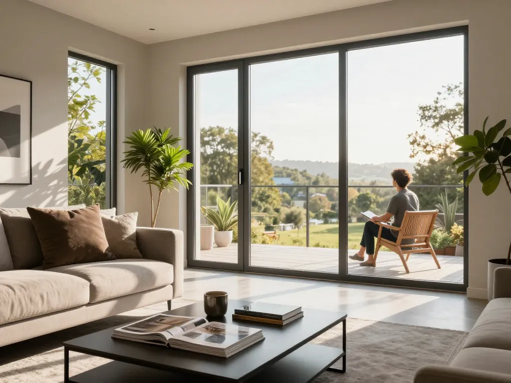 Wohnzimmer mit fenster schüco Fenstern, stilvolles Interieur, natürliche Lichtatmosphäre.