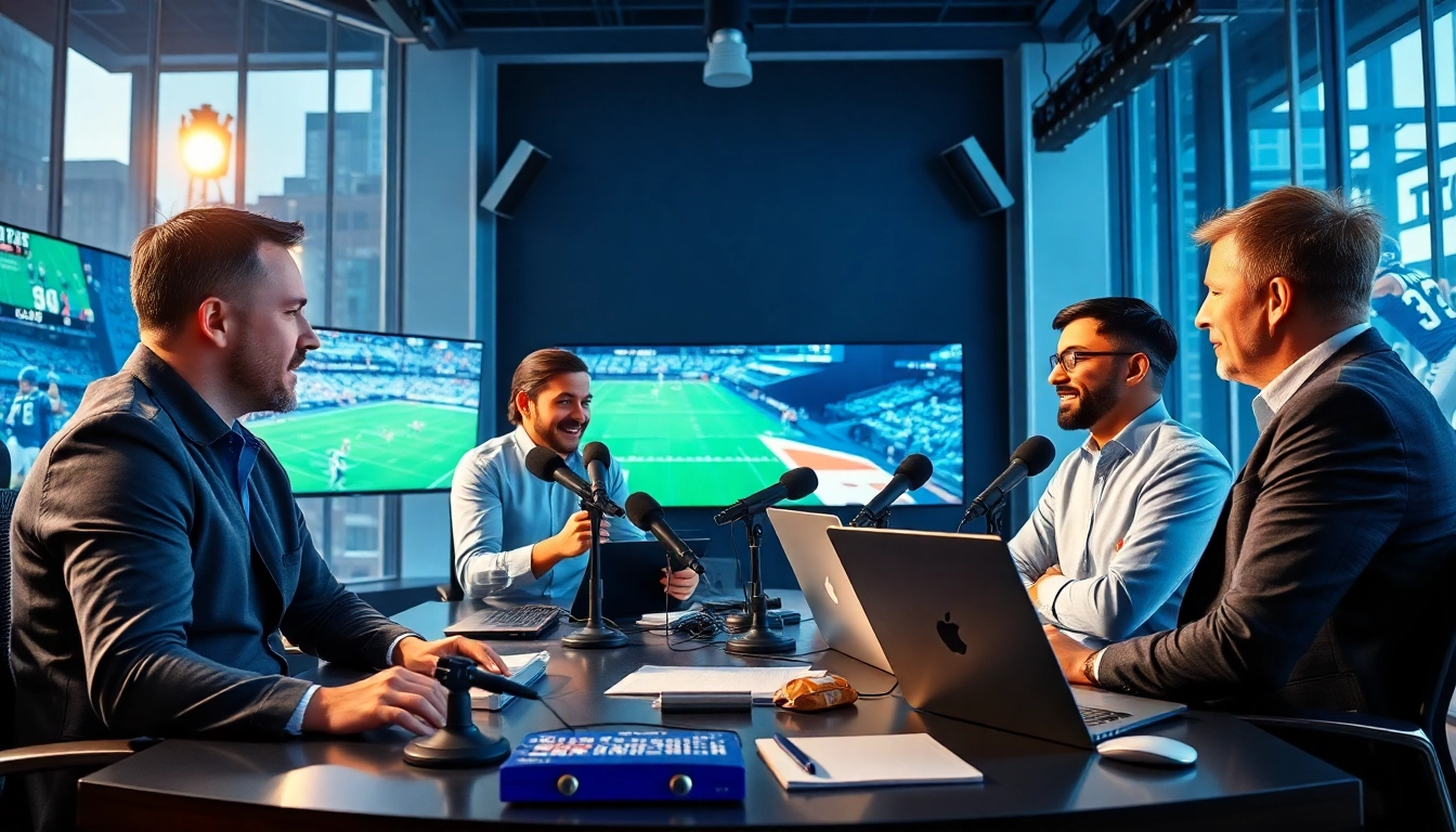 Dynamic sports broadcasting team analyzing live games with advanced technology.