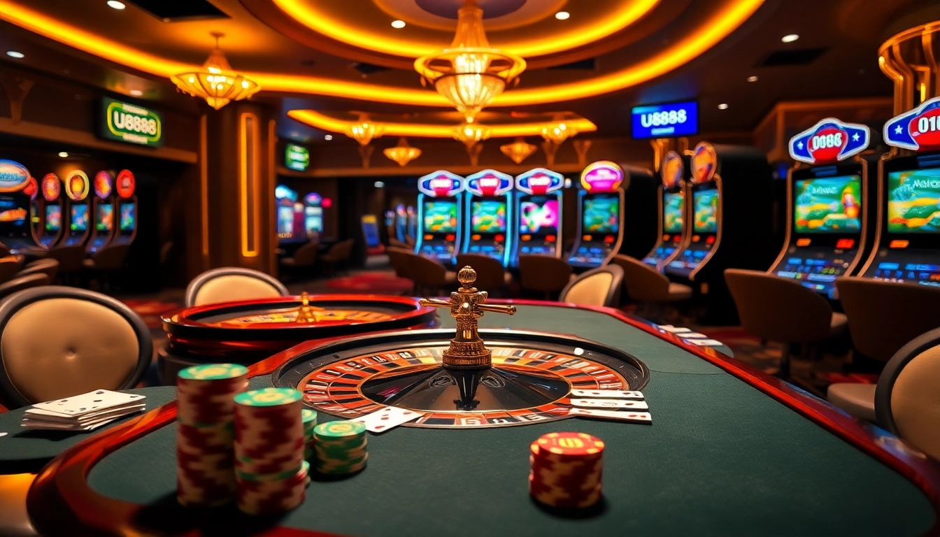 Experience thrilling gaming at U8888 with vibrant casino tables and bright slot machines.