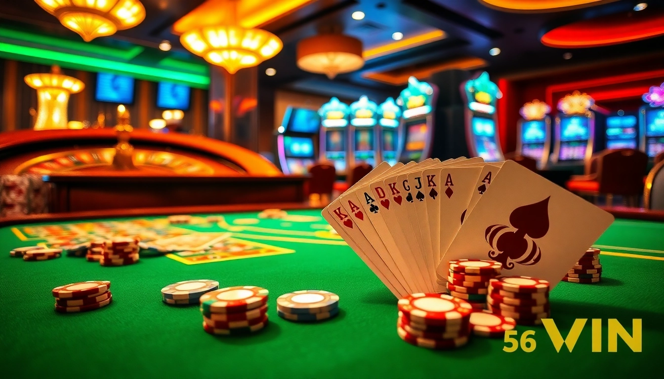 See excitement unfold at a glamorous casino with a winning atmosphere centered around 56 WIN gaming elements.