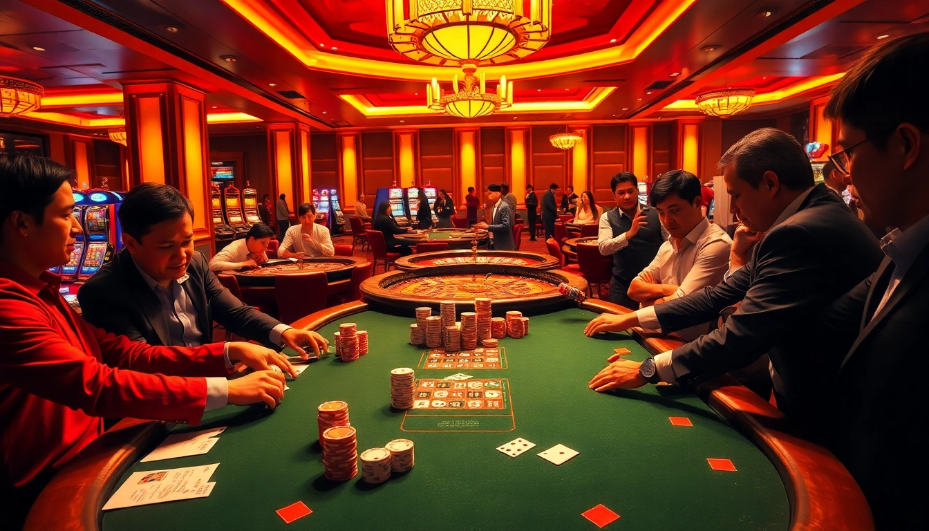 Experience thrilling gameplay at https://kjc.football/ with a vibrant poker scene featuring excited players and luxurious casino elements.