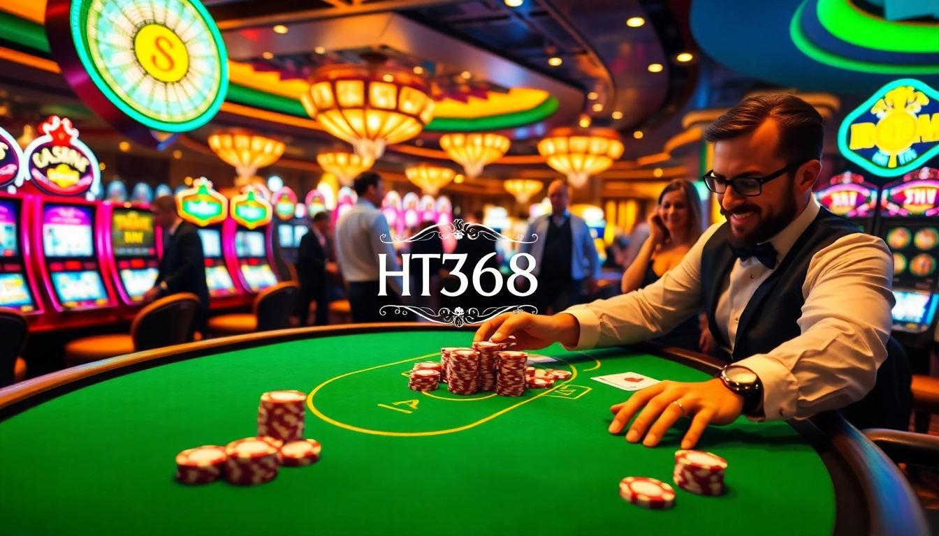 HT368 players engaged in an exciting casino experience with vibrant slot machines and professional dealers.