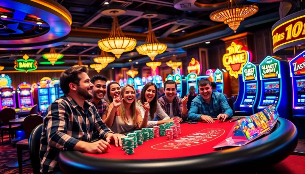 Spieler genießen Casinospiele.de mit Freunden an einem Blackjack-Tisch in einem lebhaften Casino.