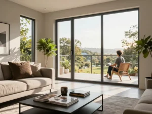 Wohnzimmer mit fenster schüco Fenstern, stilvolles Interieur, natürliche Lichtatmosphäre.