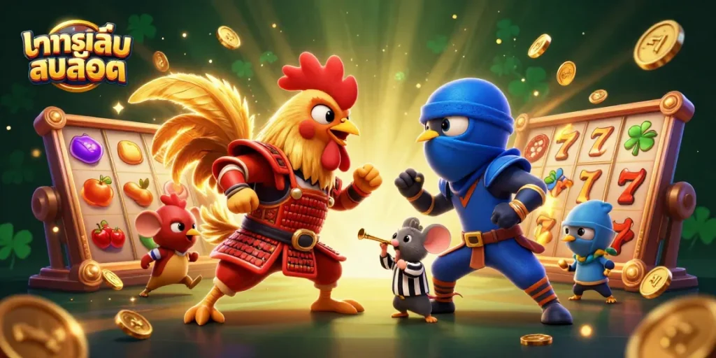 Engage in ทดลองเล่นสล็อต as dynamic roosters face off, surrounded by spinning slots and golden treasures.