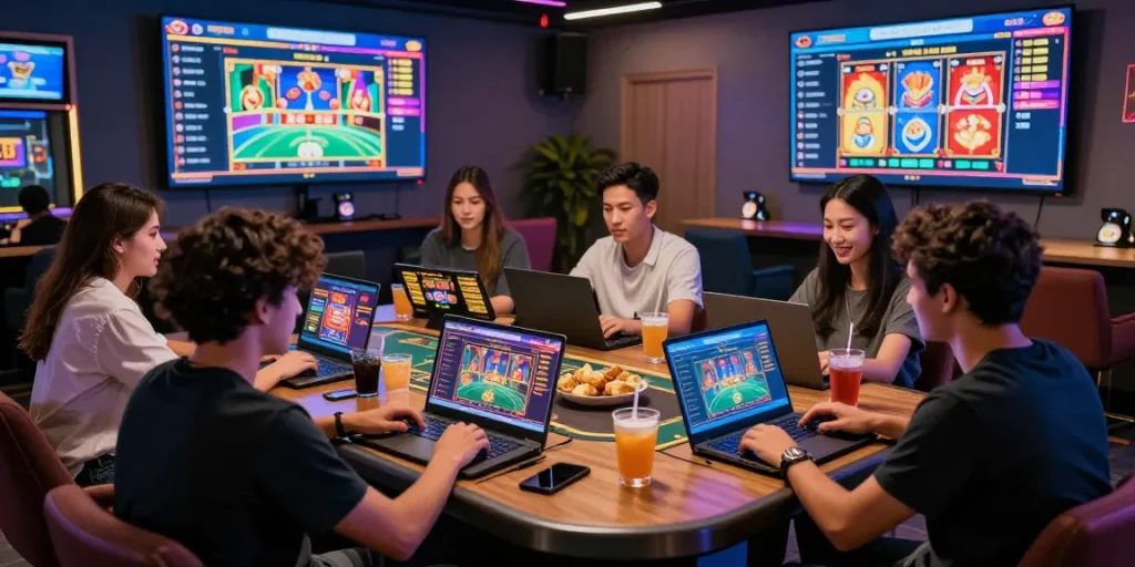Engaging gaming experience at NHÀ CÁI LC88 with friends enjoying diverse online games.