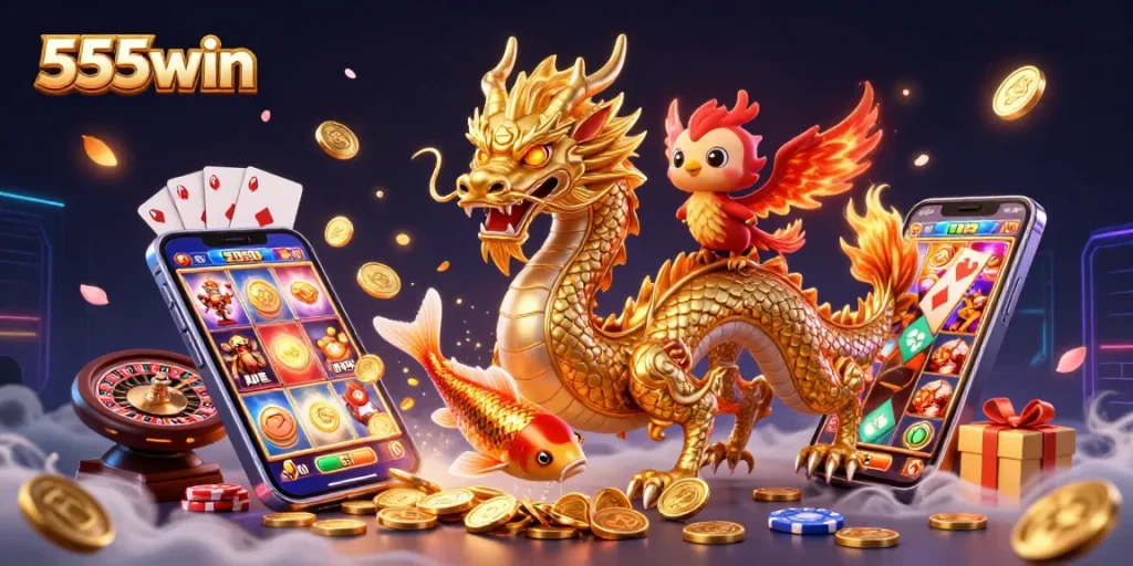 Win big with 555win's vibrant gaming scene featuring jackpot slots and dynamic game play elements.