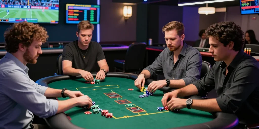 Exciting scene at NHÀ CÁI XN88 casino table with diverse players enjoying vibrant gaming experience.