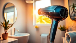 Laifen se Haartrockner in einem eleganten Badezimmer mit modernem Design präsentiert.