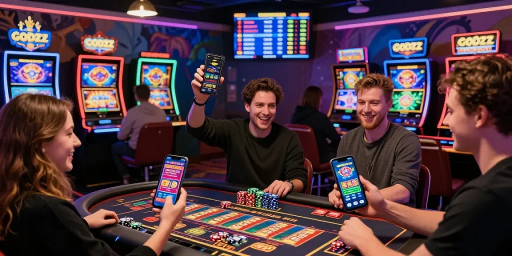 Players celebrating a jackpot win with Godzz Casino DE on their mobile devices in a lively casino scene.