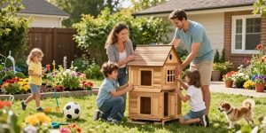 Familie beim Aufbau eines Gartenhauses im Garten mit Blumenbeeten und Spielzeug.