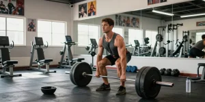 Anabolika kaufen in modernem Fitnessstudio während des kraftvollen Deadlifts, Bodybuilder zeigt Fokus und Engagement.