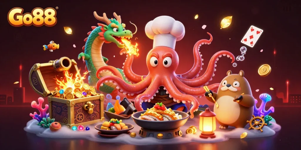 Engage with Go88's vibrant gaming experience featuring a sushi chef octopus and a dragon in action.