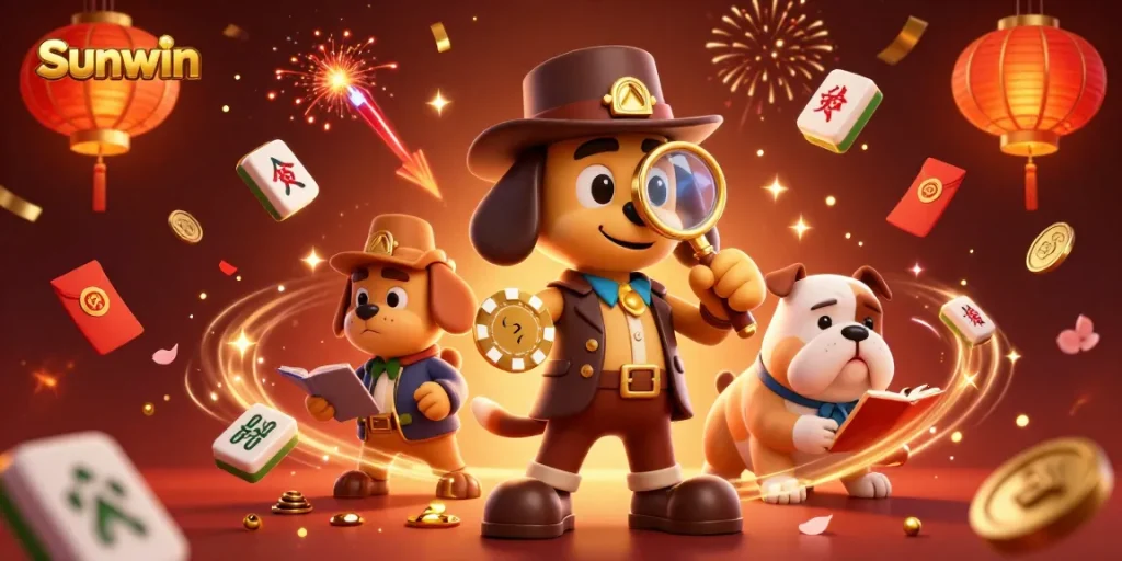 Experience the thrill of Sunwin with a vibrant illustrated scene featuring playful characters and dynamic casino elements.