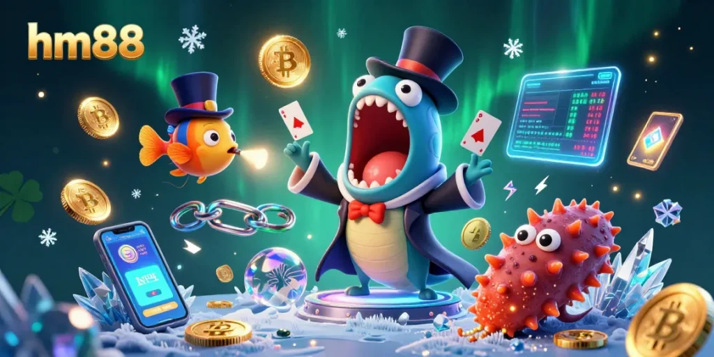Play with hm88 as a magical deep-sea eel entertains with card tricks amidst vibrant crypto elements.