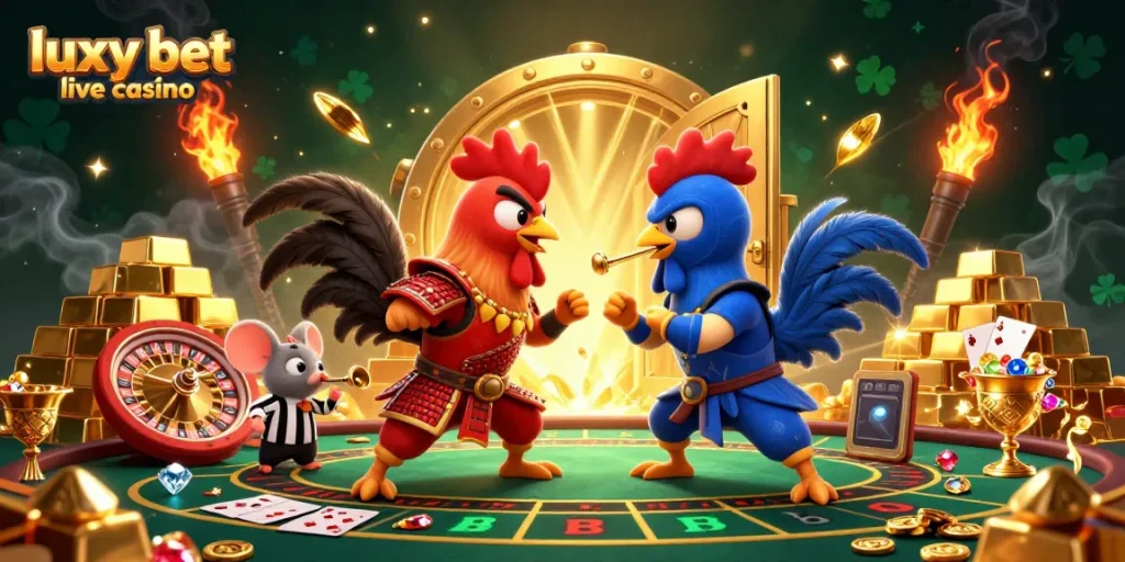 Experience thrilling action at luxy bet live casino with cartoon roosters and a gaming backdrop.