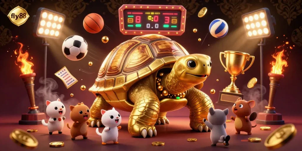 Experience the excitement of fly88 with a golden tortoise pinball machine and dynamic sports elements.