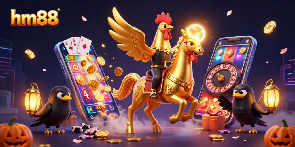 Engage in thrilling gaming at hm88 with a vibrant casino scene featuring a golden rooster, glowing slot games, and festive lanterns.