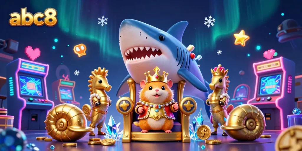 Spin jackpots at abc8 with a fierce golden hamster king and colorful gaming elements.
