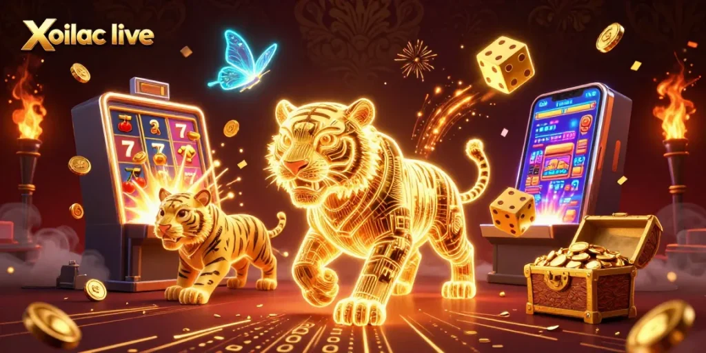 Xoilac live showcases a vibrant digital casino scene with neon wireframe elements and jackpot excitement.
