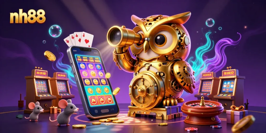 Experience the vibrant casino excitement with nh88, featuring a golden clockwork owl and dynamic gameplay elements.